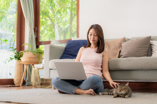 Happy Asian woman smile and have fun playing with cat while using laptop for working or online shopping at home in living room 