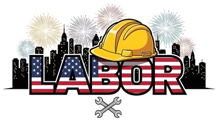 Celebrate Labor Day with patriotic spirit, hard hats, American flag, and fireworks over a city skyline in a festive illustration