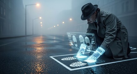 Futuristic investigation scene with detective analyzing footprint data using technology interface