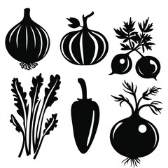 Black silhouettes representing a variety of vegetables.