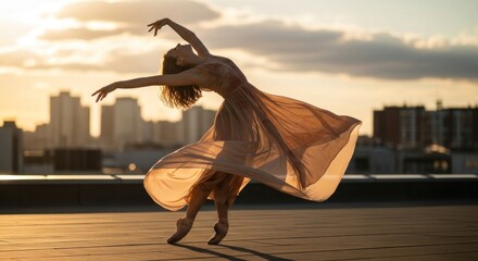Graceful ballerina performing on a rooftop at sunset with city skyline view creating an artistic