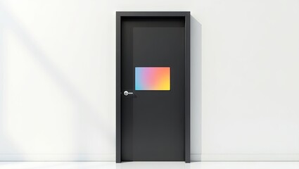 Dark gray door with colorful graphic design.