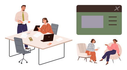 Team at meeting desk with laptops and papers, informal sitting conversation, interface layout. Ideal for teamwork, brainstorming, UX design, collaboration, communication, office environment simple