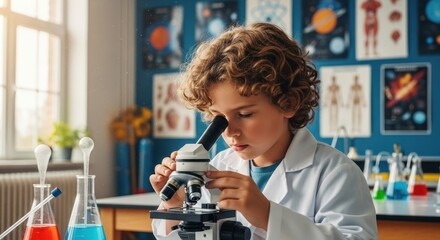 Intrigued young scientist using microscope in bright classroom with colorful posters