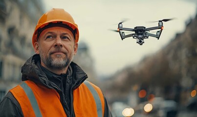 Engineer in a safety vest flying a drone, symbolizing the modern workplace and the use of technology in engineering and design, Generative AI