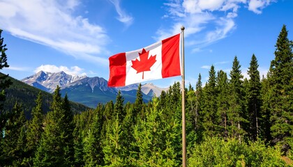 Canadian flag waving over mountains and forest