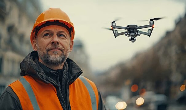 Engineer in a safety vest flying a drone, symbolizing the modern workplace and the use of technology in engineering and design, Generative AI