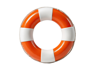 A bright orange life preserver with alternating white bands