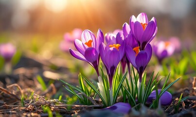 Alarm clock among blooming crocuses, symbolizing the spring forward concept and the beginning of Daylight Saving Time, Generative AI
