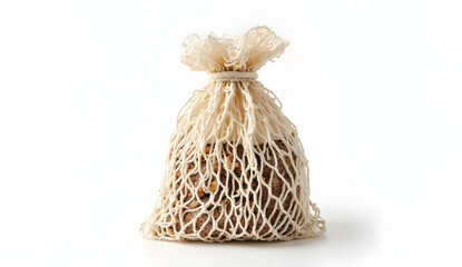 Zoom-in of reusable grocery mesh bag isolated on pure white background, eco-friendly shopping tote for fruits, vegetables, zero waste, and sustainable living