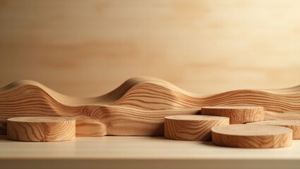 Wooden podiums with a wavy design on a light beige surface.