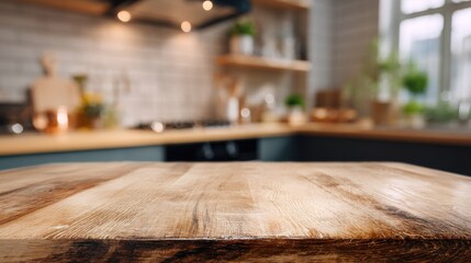 High definition photo of wood table top is positioned somewhat obscuring part of a blurred kitchen background with surrounding countertop visible._00002_.
