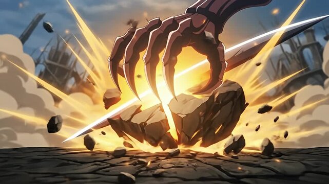 A clawed hand grasping a sword pierces rock with bright light in a cracked wasteland