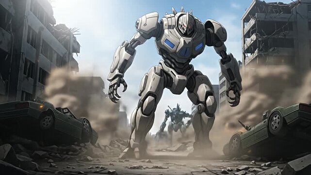 Giant robot stands amidst a destroyed cityscape filled with rubble and abandoned cars