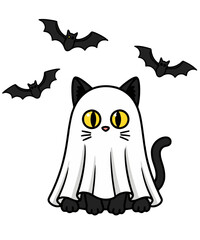 Cute Ghost Cat Halloween Clipart - Kawaii Cartoon Cats in Sheets with Pumpkins, Bats, Witch Hats, Skateboard, Bicycle, Roller Skates, Books & Flowers - Vector Stickers, Sublimation
