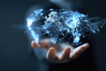 A person's hand holds a holographic projection of a world map with interconnected lines