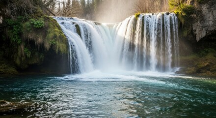 Fototapeta premium Majestic waterfall cascading into pristine pool surrounded by lush greenery and rugged cliffs