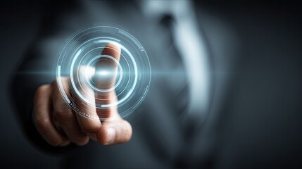 Businessman interacting with a futuristic touch screen interface