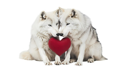 Arctic Wolves Couple Holding Red Heart: Valentine's Day Wildlife on transparent background