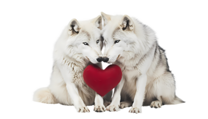 Arctic Wolves Couple Holding Red Heart: Valentine's Day Wildlife on transparent background