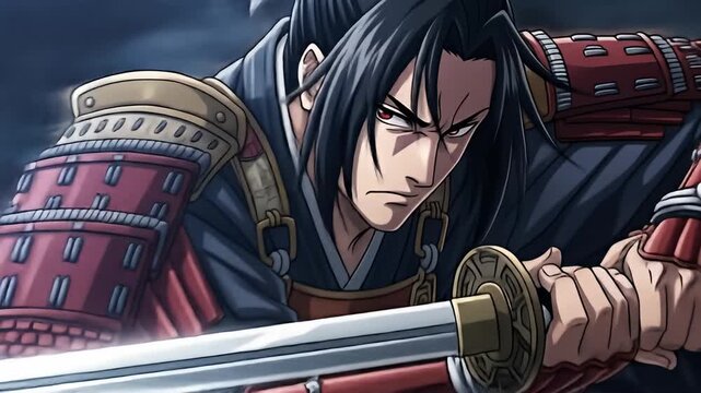 Anime-style samurai warrior, sword drawn, poised, with a determined expression and dark apparel