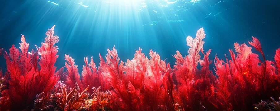 Underwater red seaweed, creating a vibrant contrast in the deep blue sea, ideal for nature-themed designs, Generative AI
