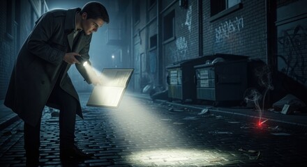 Mysterious investigator illuminating secrets within a glowing book in urban alleyway