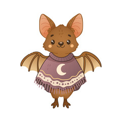 Cute boho halloween bat character with poncho and moon
