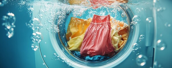 Cleaning clothes in a washing machine or detergent liquid, with floating shirts and dresses underwater surrounded by bubbles. This image evokes cleanliness and freshness for laundry, Generative AI