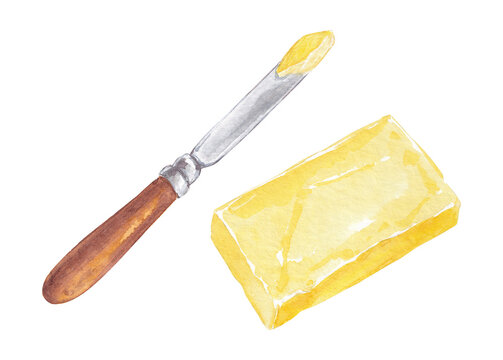 Watercolor butter and knife, breakfast illustration