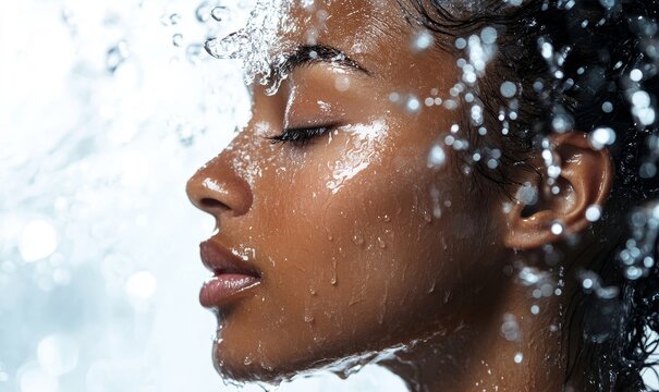 Black woman spraying mist on her face, with water splashing over her face and hair. The profile image emphasizes refreshment and rejuvenation, ideal for beauty product ads, Generative AI