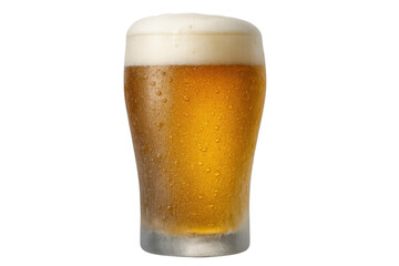 Refreshing cold beer in a frosty glass with condensation and abundant foamy head.
