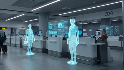 Futuristic airport with hologram staff and information screens, modern and clean design - Powered by Adobe