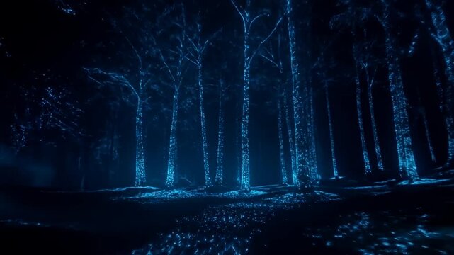 Eerie, dark forest with glowing blue trees and undergrowth, creating an otherworldly scene