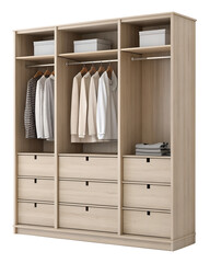 Modern wooden wardrobe with organized clothes and storage, perfect for interior design projects