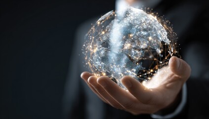 A hand holds a digital representation of the Earth