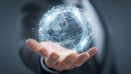 Businessman holds a holographic globe