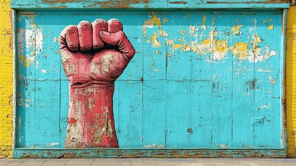 A bold red fist painted on a weathered turquoise wall stands as a striking powerful symbol of solidarity and resistance against a vibrant textured peeling colorful backdrop