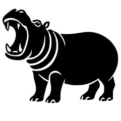 A black silhouette of a hippopotamus with its large mouth wide open, revealing its teeth