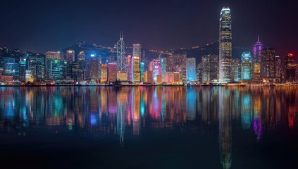 Obraz premium Vibrant Hong Kong skyline at night, reflected in the water