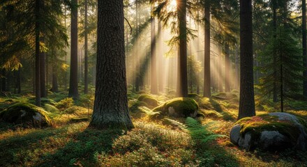 Fototapeta premium Sunlight filters through the tranquil forest creating a serene and magical atmosphere