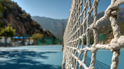 Obraz premium High definition photo of tennis net close up on outdoor court with blue surface and mountain background.