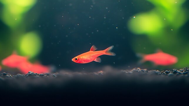 Vibrant orange glofish swim in a lush aquarium