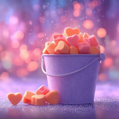 Colorful Heart Shaped Candies In A Pink Bucket With Bokeh Background