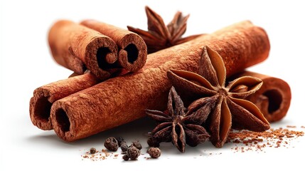 Closeup Of Cinnamon Sticks And Star Anise Spices On White Background