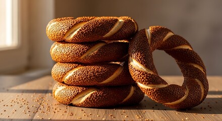 Warm golden sunlight illuminates a stack of freshly baked sesame seed bagels on a wooden table, perfect for breakfast or bakery advertising