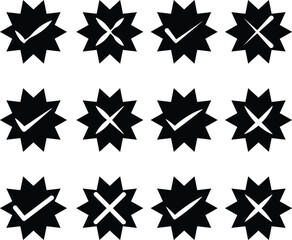 Obraz premium PrintTick and cross check mark vector icons, yes and no choice symbols, or right and wrong,Set white approval check mark and cross icons in black shape with transparent background.