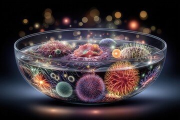 Colorful Microorganisms In Transparent Glass Bowl