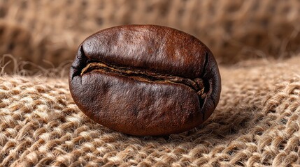 High definition photo of super macro shot of single roasted coffee bean with rich brown color and textured surface on burlap sack, evoking warmth and aroma.