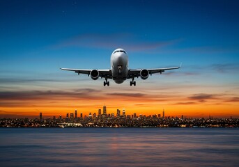 Fototapeta premium Airplane landing over illuminated city skyline at dusk with colorful sky
